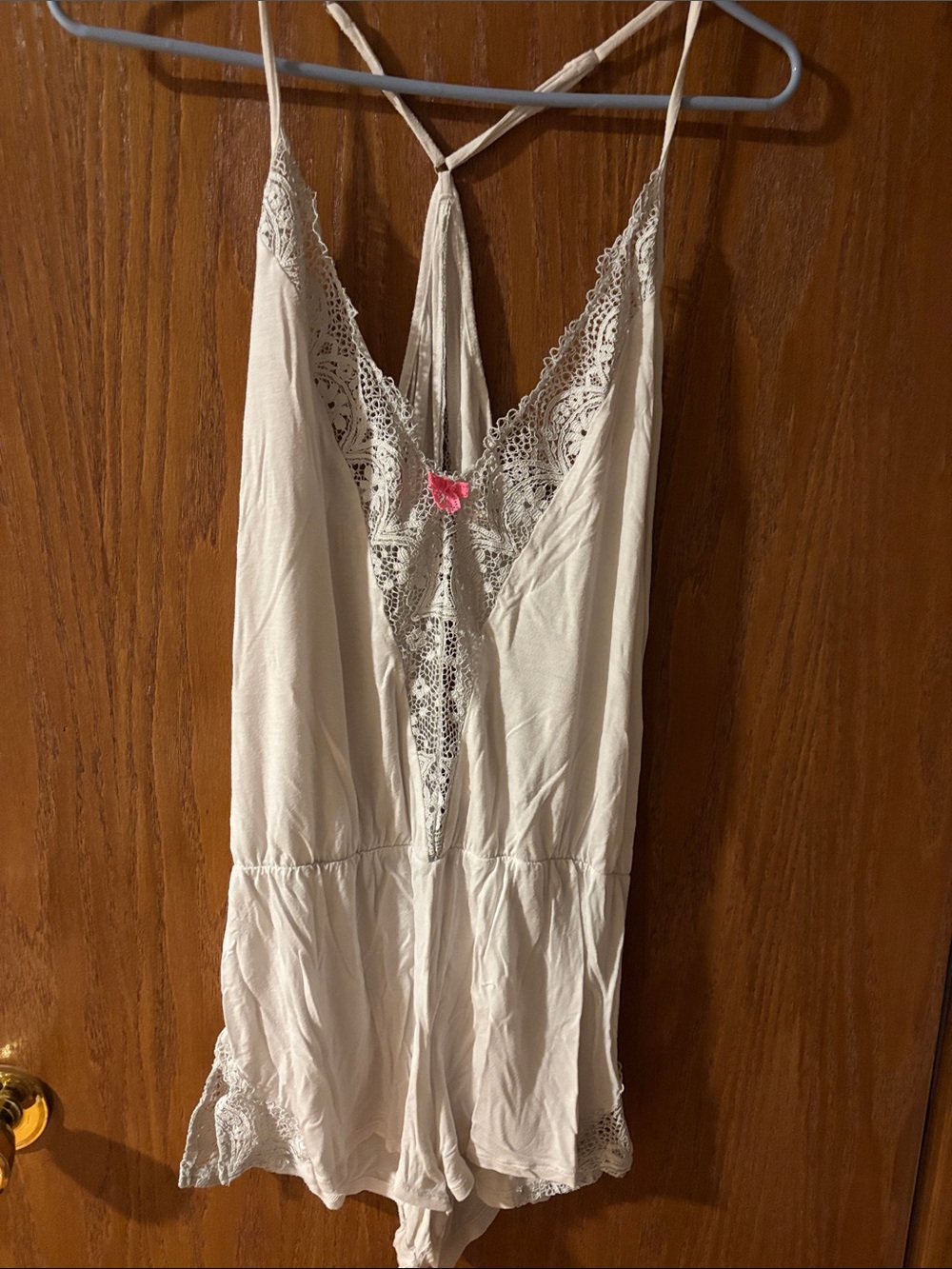 Victoria's Secret Ivory Lace-Trimmed Romper with Pink Accent